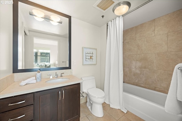 full bath with visible vents, toilet, tile patterned flooring, shower / bath combination with curtain, and vanity