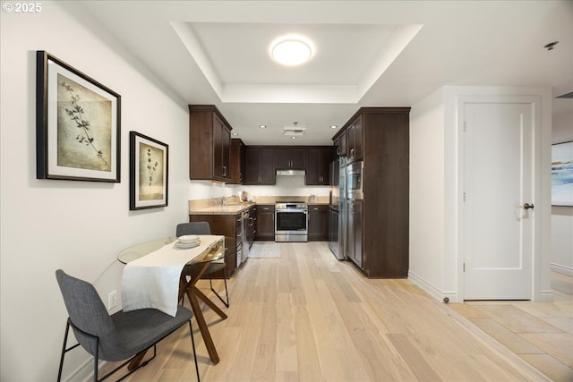 kitchen with dark brown cabinetry, a raised ceiling, light wood-style flooring, stainless steel range with electric cooktop, and under cabinet range hood