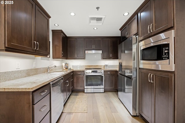 kitchen featuring under cabinet range hood, stainless steel appliances, a sink, visible vents, and dark brown cabinets