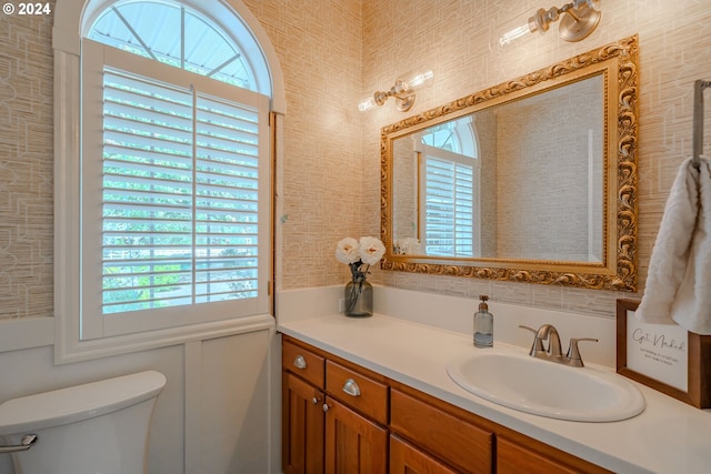 bathroom featuring a healthy amount of sunlight, toilet, and vanity