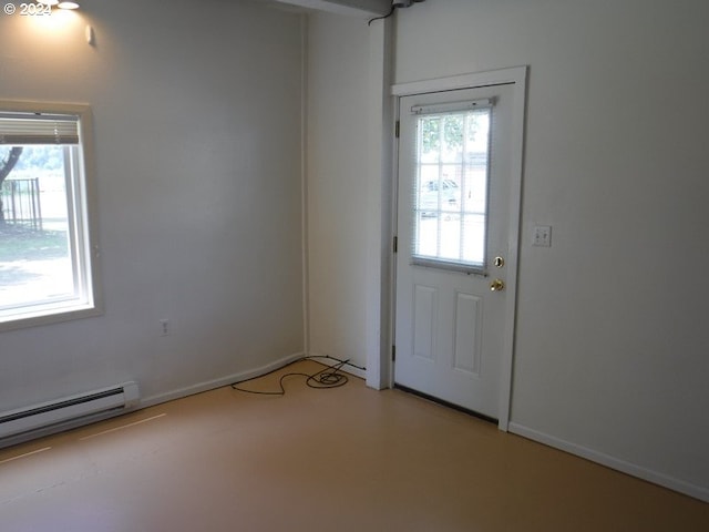 doorway with finished concrete flooring and baseboard heating