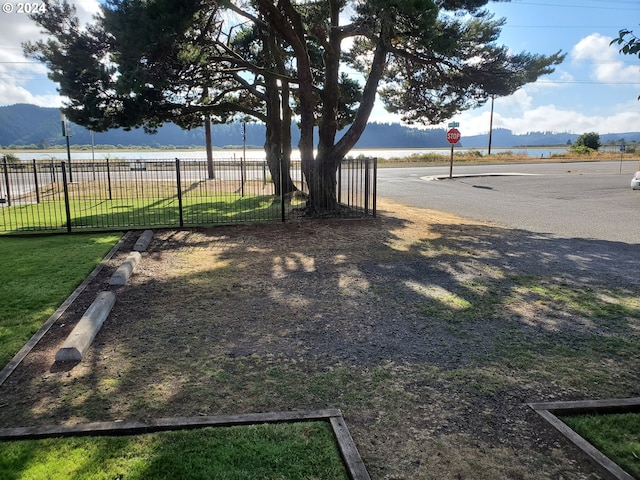 view of yard featuring fence and a mountain view