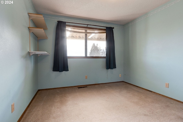 carpeted empty room with ornamental molding and a textured ceiling