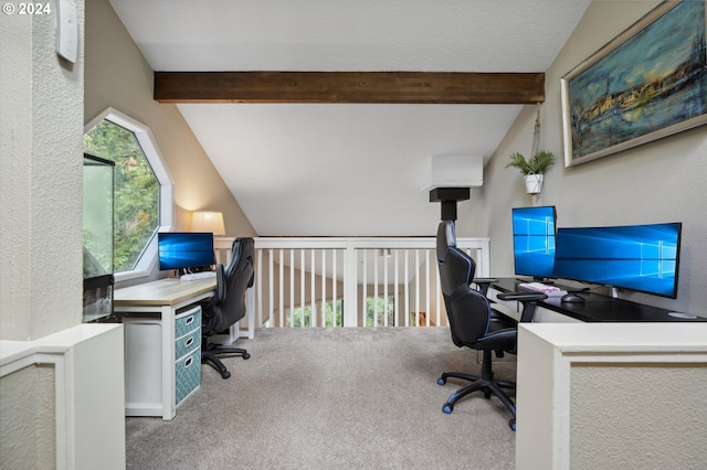 office with lofted ceiling with beams and carpet floors