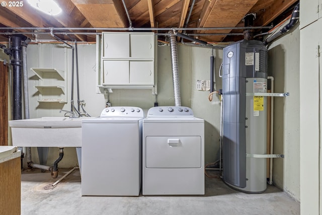 washroom with independent washer and dryer and strapped water heater