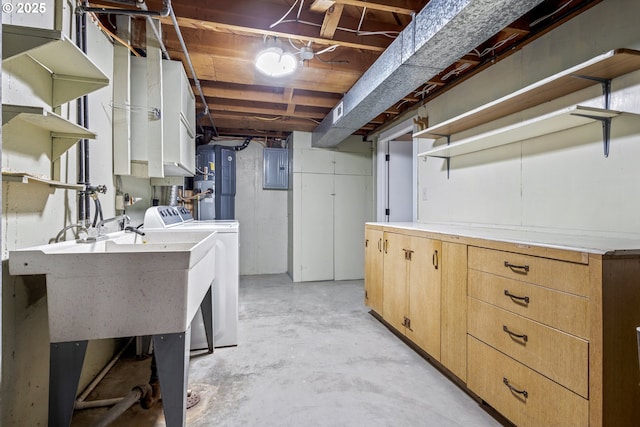 basement with washing machine and clothes dryer and electric panel