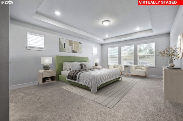 carpeted bedroom with multiple windows and a raised ceiling