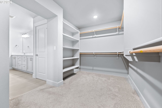 walk in closet with sink and light carpet