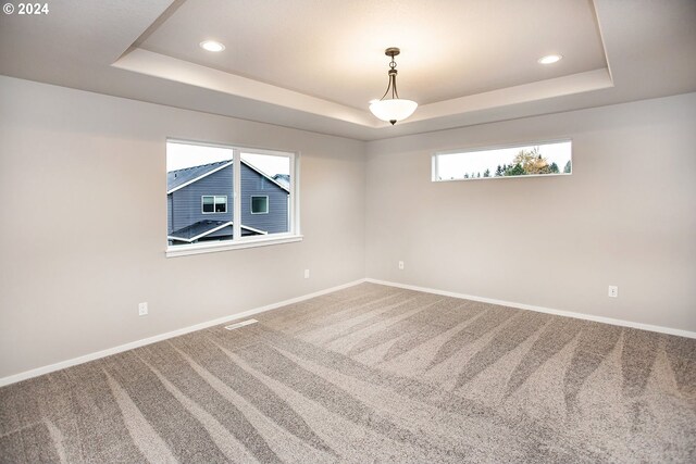 carpeted empty room featuring a raised ceiling