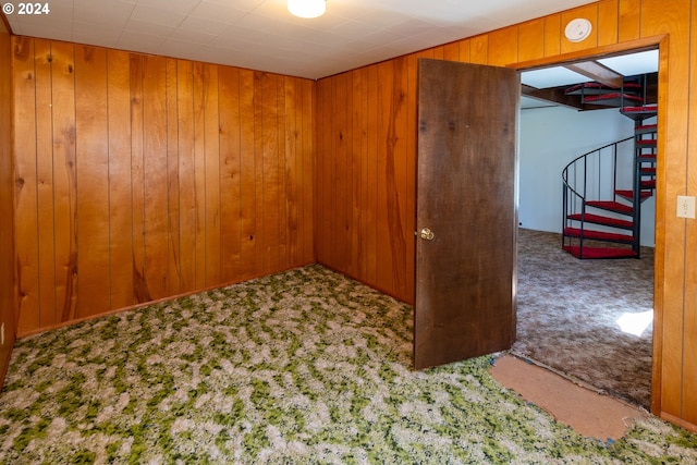 spare room featuring wood walls and carpet flooring