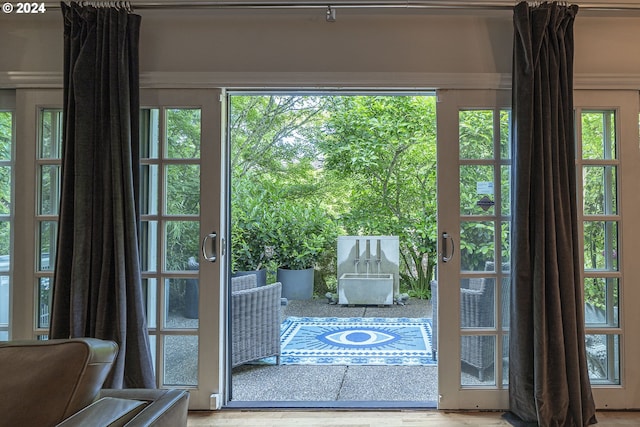 entryway featuring wood-type flooring, crown molding, and a healthy amount of sunlight