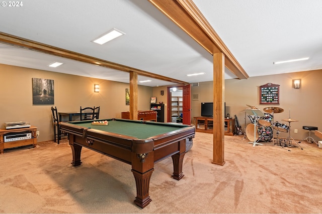 rec room with carpet flooring and billiards