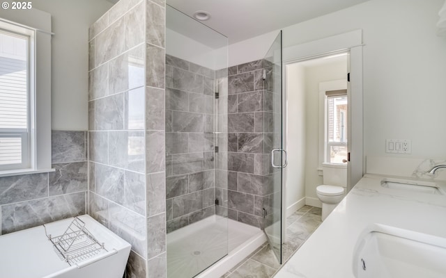 bathroom featuring walk in shower, vanity, and toilet