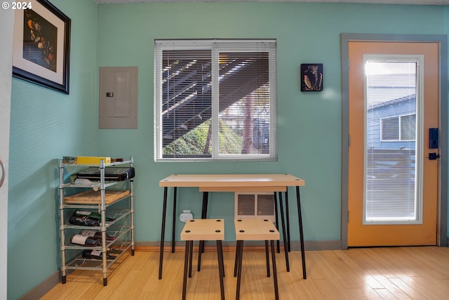 interior space featuring electric panel and hardwood / wood-style flooring