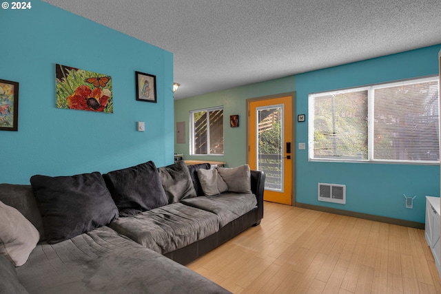 living room featuring a textured ceiling and light hardwood / wood-style flooring