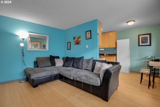 living room featuring light wood-type flooring and a textured ceiling