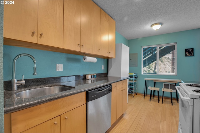 kitchen with stainless steel dishwasher, a textured ceiling, light hardwood / wood-style flooring, white electric stove, and sink