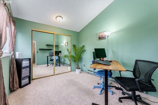 8941 SE Knapp St, Portland, OR 97266 - office area featuring lofted ceiling, carpet floors, and a textured ceiling