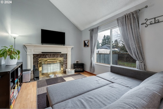 living room featuring a fireplace, light hardwood / wood-style flooring, and lofted ceiling