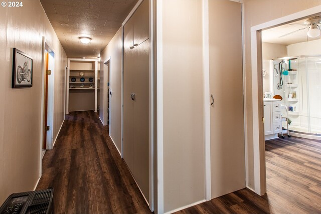 hallway with dark wood-type flooring