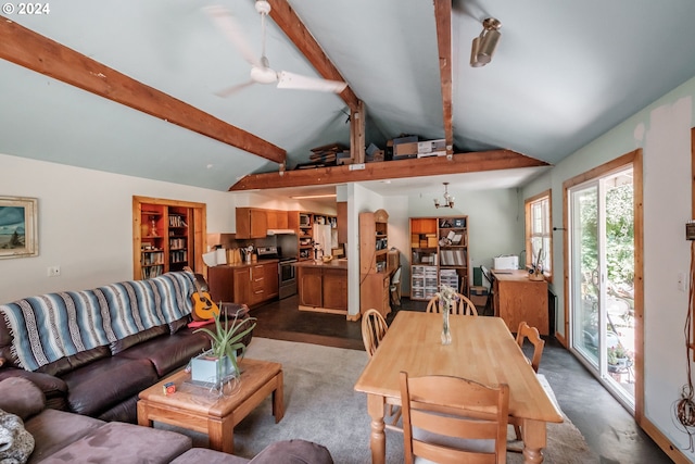 carpeted living room featuring vaulted ceiling with beams and ceiling fan