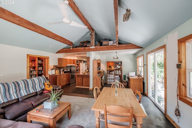 carpeted living room with lofted ceiling with beams and ceiling fan