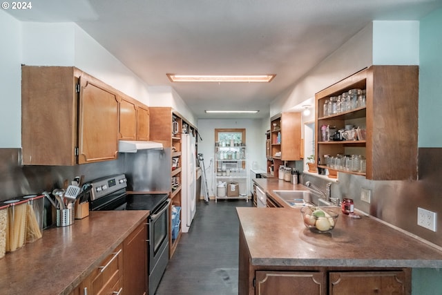 kitchen with decorative backsplash, stainless steel electric range oven, and sink