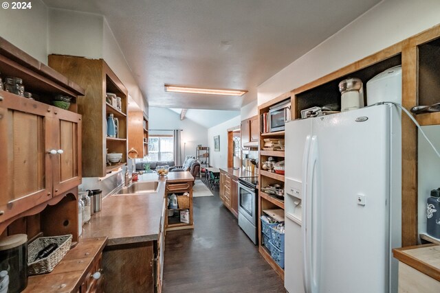 kitchen featuring sink, stainless steel appliances, dark hardwood / wood-style flooring, and vaulted ceiling