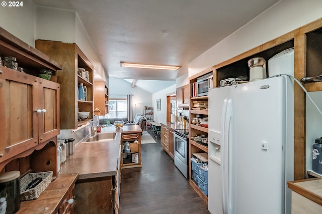 kitchen featuring sink, dark wood-type flooring, vaulted ceiling, and appliances with stainless steel finishes