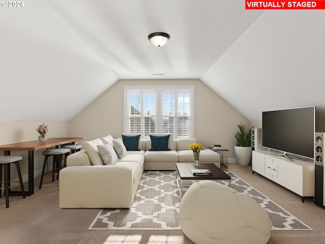 living room featuring lofted ceiling, visible vents, light carpet, a textured ceiling, and baseboards