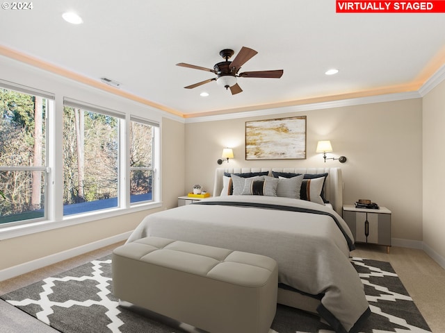 bedroom with recessed lighting, carpet flooring, visible vents, baseboards, and ornamental molding