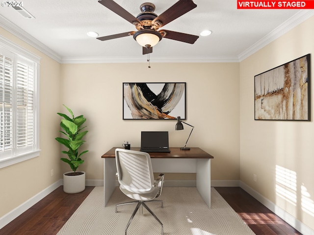 office area featuring dark wood-type flooring, ornamental molding, baseboards, and a ceiling fan