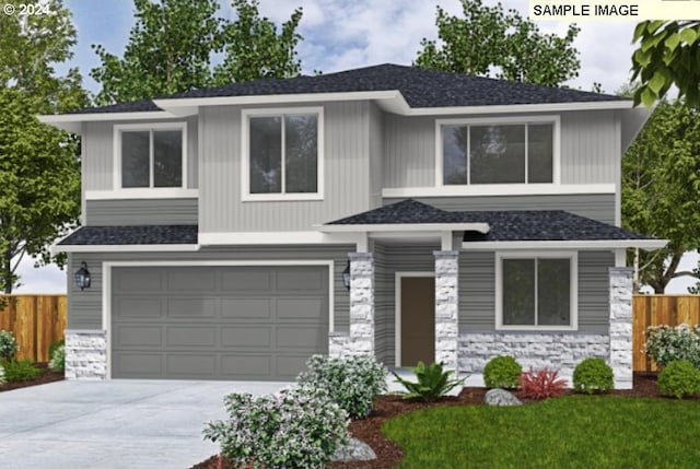 view of front facade featuring fence, roof with shingles, an attached garage, concrete driveway, and stone siding