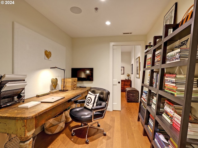 office area featuring recessed lighting, visible vents, and light wood-style floors