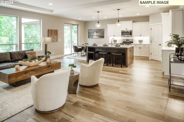 living room featuring sink, a healthy amount of sunlight, and light hardwood / wood-style floors