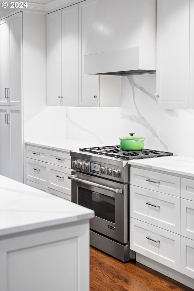 kitchen featuring premium range hood, tasteful backsplash, dark hardwood / wood-style floors, stainless steel stove, and white cabinets