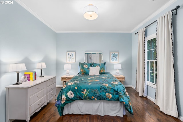 bedroom featuring multiple windows, crown molding, and dark hardwood / wood-style flooring