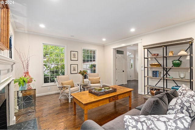 living room featuring dark wood-type flooring, ornamental molding, and a tile fireplace