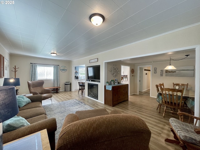 living room featuring light wood finished floors, crown molding, and a glass covered fireplace