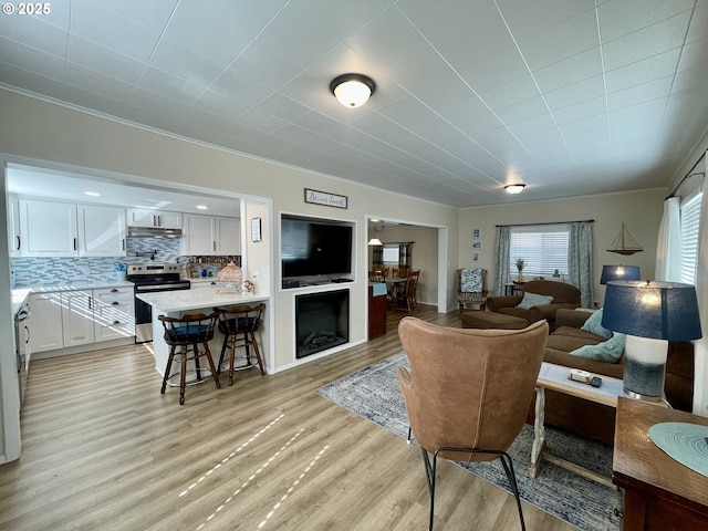 living area with light wood finished floors, a fireplace, and crown molding