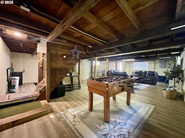 playroom with wood ceiling, electric panel, and wood finished floors