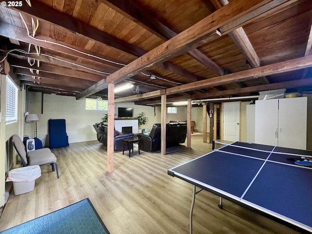 playroom with wooden ceiling, a fireplace, and wood finished floors