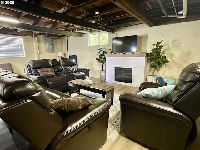 home theater room featuring a glass covered fireplace, electric panel, and wood finished floors