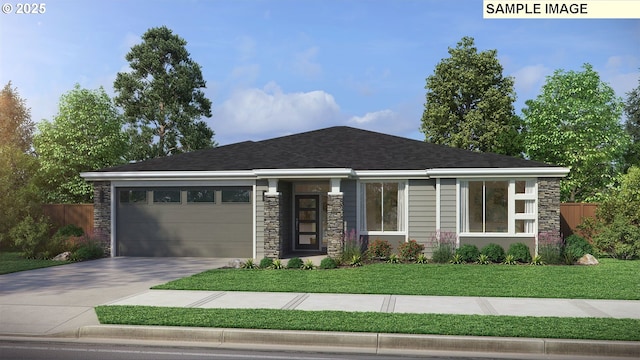 prairie-style home featuring a garage and a front lawn