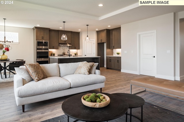 living room featuring sink and wood-type flooring