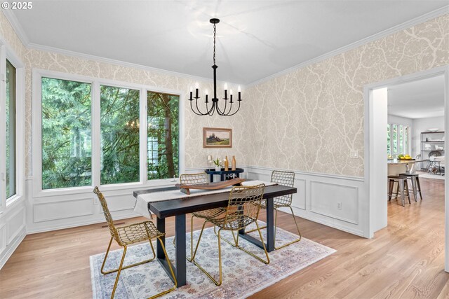 1739 Palisades Terrace Dr, Lake Oswego, OR 97034 - dining room featuring wallpapered walls, wood finished floors, wainscoting, a chandelier, and a decorative wall