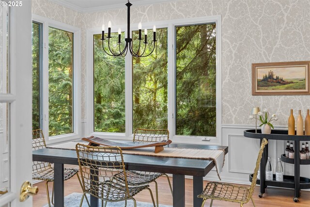 1739 Palisades Terrace Dr, Lake Oswego, OR 97034 - dining area featuring wallpapered walls, a chandelier, plenty of natural light, a wainscoted wall, and wood finished floors