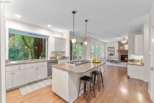 1739 Palisades Terrace Dr, Lake Oswego, OR 97034 - kitchen featuring appliances with stainless steel finishes, a fireplace, a sink, open floor plan, and ceiling fan