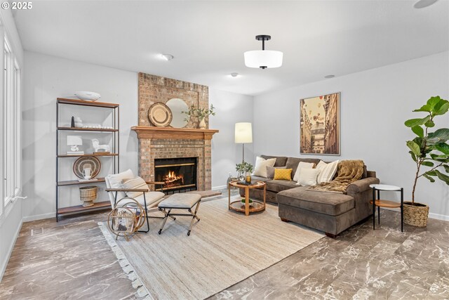1739 Palisades Terrace Dr, Lake Oswego, OR 97034 - living room featuring a brick fireplace, marble finish floors, and baseboards