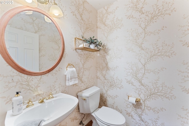 1739 Palisades Terrace Dr, Lake Oswego, OR 97034 - half bathroom featuring wallpapered walls, a sink, and toilet